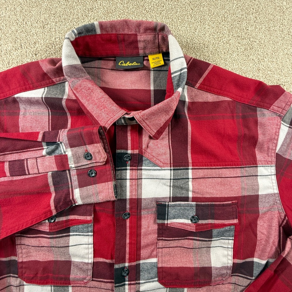 Cabelas Mens Red‎ Plaid Long Sleeve Button Up Shirt Top XL Flannel